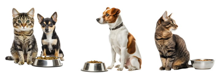 Set of cute dogs and cats sitting near a bowl of food isolated on a transparent PNG background
