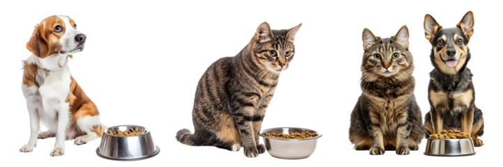 Set of cute dogs and cats sitting near a bowl of food isolated on a transparent PNG background