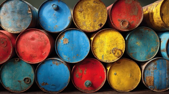 colorful stacked metal barrels with rust and peeling paint, vintage industrial texture background for design and photography