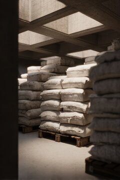 flour bag storage room with stacked white sacks on wooden pallets, industrial warehouse interior, directional natural light, coarse fabric texture
