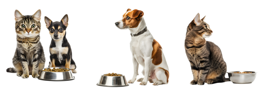Set of cute dogs and cats sitting near a bowl of food isolated on a transparent PNG background