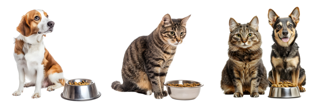 Set of cute dogs and cats sitting near a bowl of food isolated on a transparent PNG background
