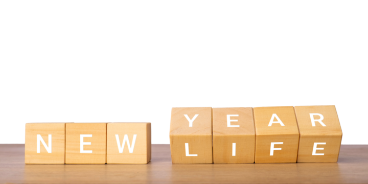 Wooden blocks with new year life text for fresh start concept, isolated on transparent background - Powered by Adobe