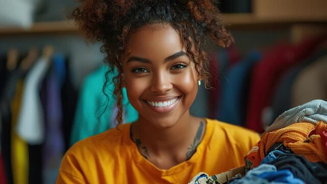 african american female volunteer with clothing donation box video