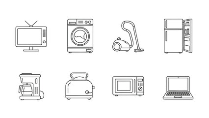 Line art icons of various home appliances and electronics including television, washing machine, vacuum cleaner, refrigerator, coffee maker, toaster, microwave and laptop