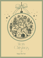 Traditional Xmas symbols are inscribed in shape of Christmas tree bauble. Christmas Eve card. Vector. Vintage.