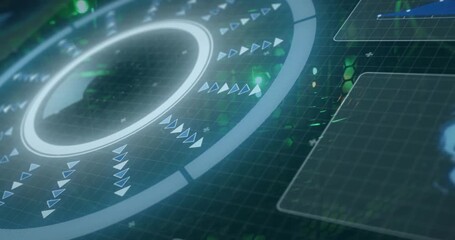 Circular HUD rotating and pulsing on ping, markers moving out showing scan status on right panels - Powered by Adobe