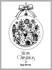 Festive card. Wooden horse, Nutcracker, bells, fir tree, holly, gift boxes, sweets, candies are inscribed in shape of Christmas tree bauble. Traditional Christmas symbols. Vector.