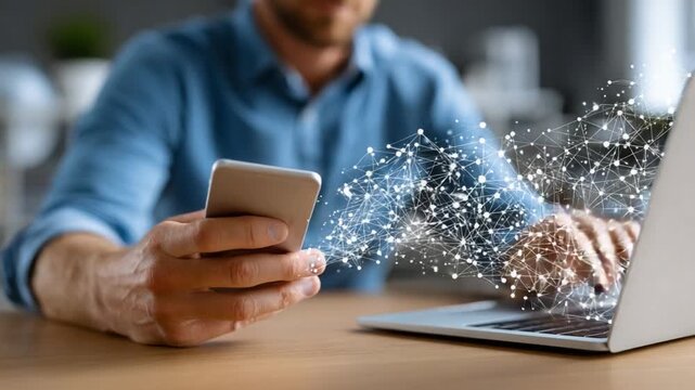 Digital Connection and Mobile Interaction: Capturing the essence of modern communication, this image features an individual engrossed in simultaneous interaction with both a smartphone and a laptop.