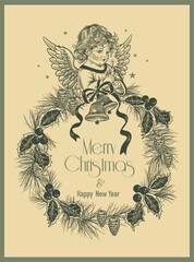 Christmas Eve Greetings. Сute angel and Advent wreath. Vector illustration. Vintage. 