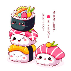 Square card with stack of cute sushi in kawaii style with smiling faces. Japanese traditional cuisine dishes. Can be used for t-shirt print, sticker, greeting card, menu design. Vector EPS8  
