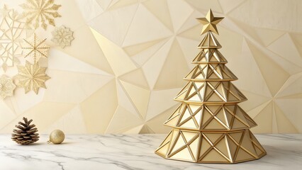 Luxurious gold geometric Christmas tree, modern holiday decor, festive background design, abstract celebration concept, elegant winter season visual
