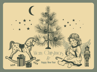 Christmas Eve holiday card. Cute angel, Christmas tree decorations and gifts. Vector. Vintage