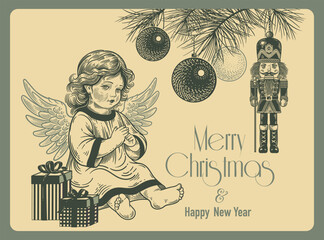 Merry Christmas greetings. Xmas angel, Pine branches with toys, Nutcracker, decorations and gifts. Vector. Vintage.