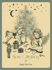 Cute little angel, Christmas decorations and gifts. Christmas Eve holiday card. Vector. Vintage