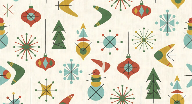 Retro christmas ornament pattern in red green and yellow on cream background