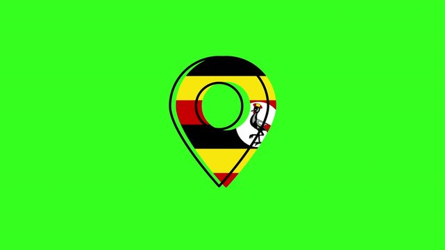 Uganda flag inside location pin icon on green screen