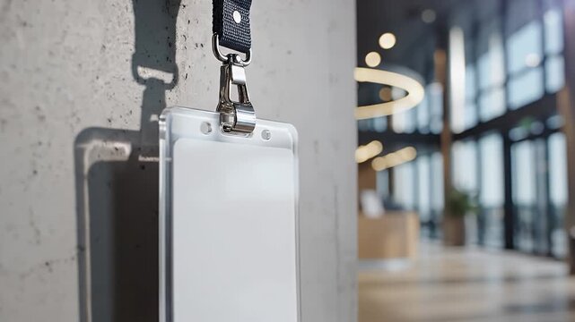 Blank ID badge holder with a lanyard hanging on a concrete wall in a modern office, ready for custom branding.