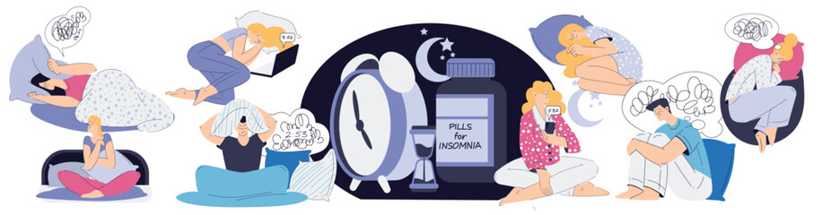 Sleepless Man and Woman at Night Suffer from Insomnia Vector Set
