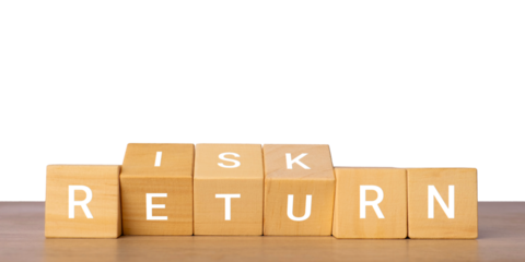 Wooden blocks with risk return text for investment concept, isolated on transparent background