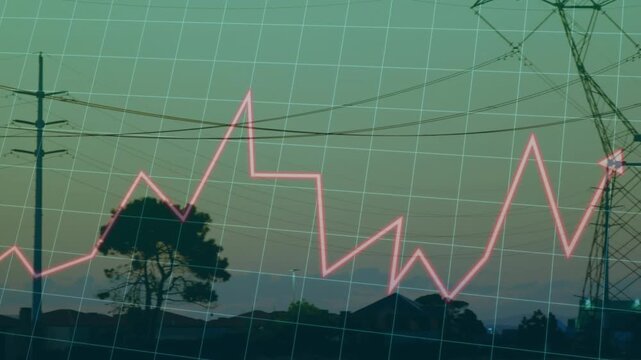 Pink data line appearing left, panning right, revealing pylons, chart tracking power flow at dusk