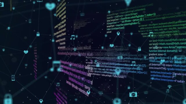 Camera pushing forward and panning, code panels shifting, icons pulsing, revealing denser web