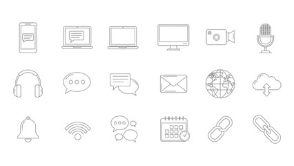 Hand drawn sketch icons for communication, technology, internet and social media