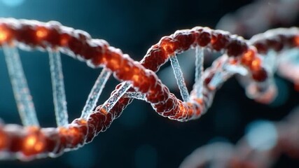 DNA Strand: A close-up view of a vibrant DNA strand, the double helix structure showcasing the building blocks of life, science and medical research.