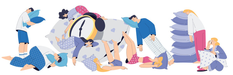 Sleeping Tired Man and Woman Character with Soft Pillow Vector Set