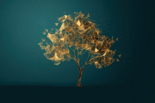 Abstract golden particle tree glowing against a dark teal background - Powered by Adobe