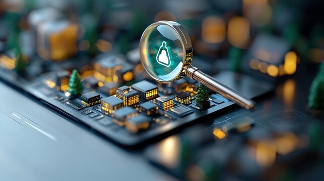 A magnifying glass with a cloud icon examines a circuit board, representing data analysis and cloud computing.