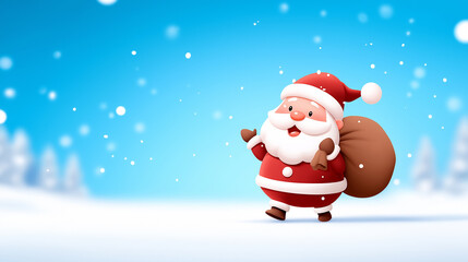Santa Claus happily walks through a snowy landscape carrying a gift sack