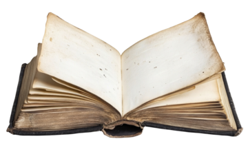 Antique open book with aged pages and leather cover isolated on transparent background