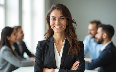 Young businesswoman smiling in an office during a meeting with her colleagues in the background. High quality
