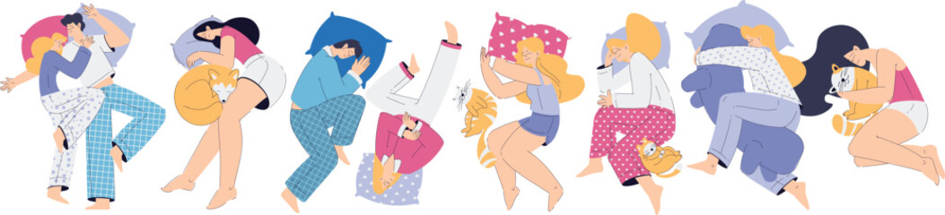 Man and Woman Sleep with Soft Pillow Have Sweet Dreams Vector Illustration Set