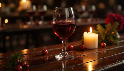 Elegant glass of red wine in dim light and red winter berries with candle on countertop. Glass of red wine on display with holiday decorations, suggesting a festive Christmas celebration.