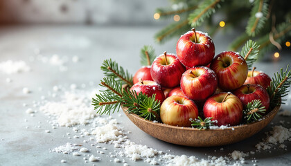 Ripe apples in wooden bowl is presented, perfect for winter holidays and festive decoration. Seasonal apples, symbolizing abundance, create mood of winter holiday.