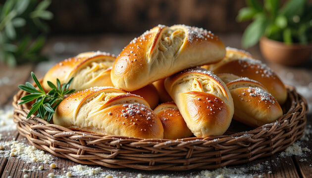 Freshly baked bread rolls sit in wicker basket on wooden background. Warm, tempting bread rolls provide comfort and satisfaction, inviting to taste their golden crust.