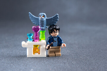 Naklejka premium Lego man Harry Potter and owl mini figures toy bricks copy space. Ukraine, Kyiv - January 17, 2024.