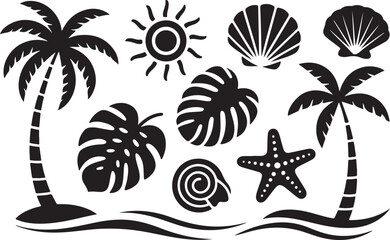 Obraz premium Summer beach vacation set with palm trees seashells sun sea waves starfish