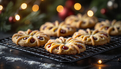 Christmas cookies on cooling rack embody winter warmth and holiday cheer, homemade biscuits are festive. Christmas cookies embody holiday tradition. With their intricate design,