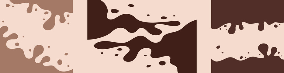 Chocolate splash, set of background elements of melted chocolate ice cream, vector illustration. Abstract shapes of liquid streaks, flat design. A delicious, sweet dessert with a place for text