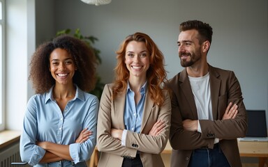 Diverse business team smiling with arms crossed in office. High quality