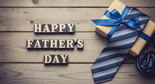 Happy fathers day celebration with gift box and tie on rustic wooden background