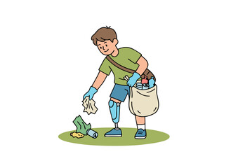 Young man with prosthetic leg collecting trash in a park wearing a green t shirt blue shorts and gloves with a large bag on his shoulder surrounded by grass and litter under natural lighting