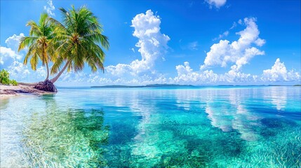 A beautiful tropical beach scene featuring palm trees, clear turquoise water, a sandy shore, and a bright blue sky with fluffy white clouds. The scene evokes a
