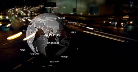 Translucent globe appearing after left numeric pulse, rotating numbers showing live traffic data - Powered by Adobe