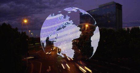 Faint globe appearing over roadway, rotating, revealing continents and mapping traffic flow beneath - Powered by Adobe