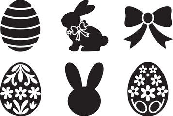Collection of easter holiday elements such as easter eggs, bunny and bow ribbons