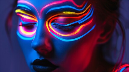 Fototapeta premium Energetic neon paints sweep across womans face, mixing warm and cool tones